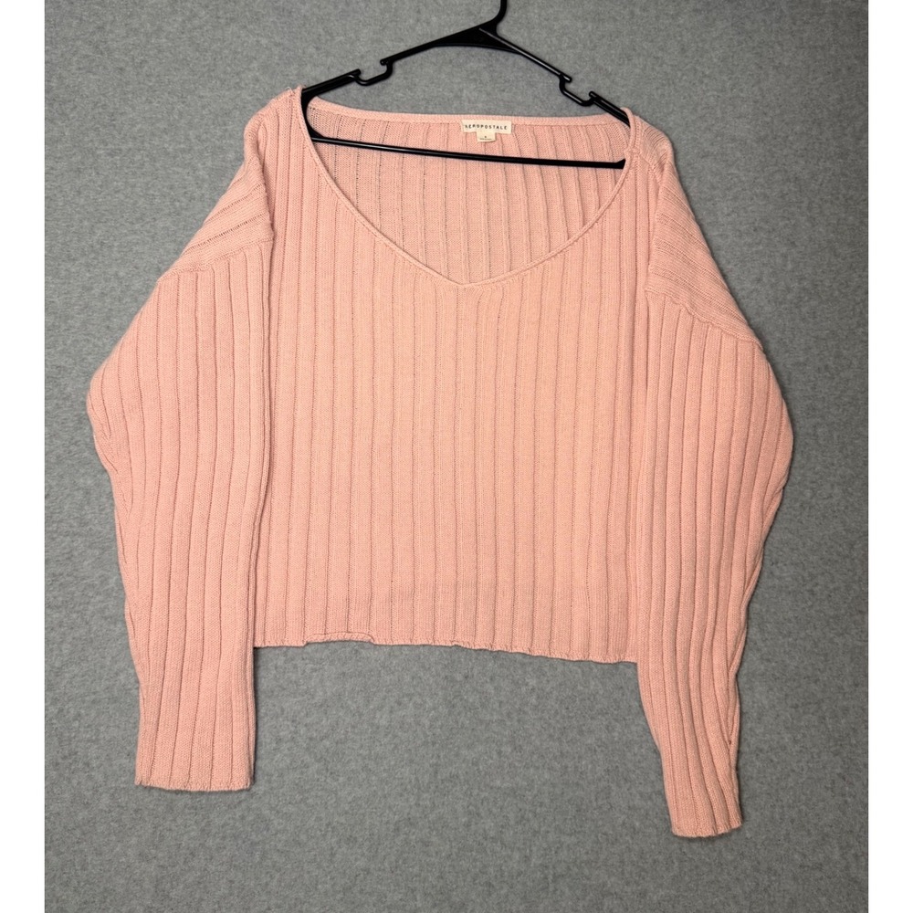 Aeropostale Sweater Womens Small Ribbed V-Neck Cropped Relaxed Knit Pink S